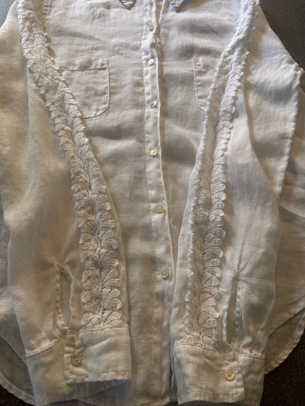 Lilly Pulitzer White 100% Linen Sea View Button Down Shirt Crochet Lace Sleeve - Picture 7 of 9